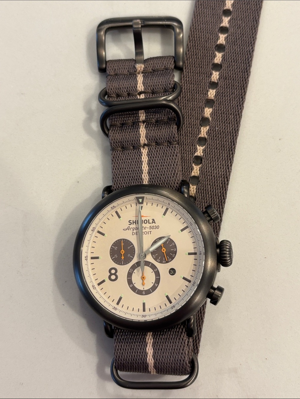 Shinola Gray Canvas-Strap Chronograph Watch with Cream Dial